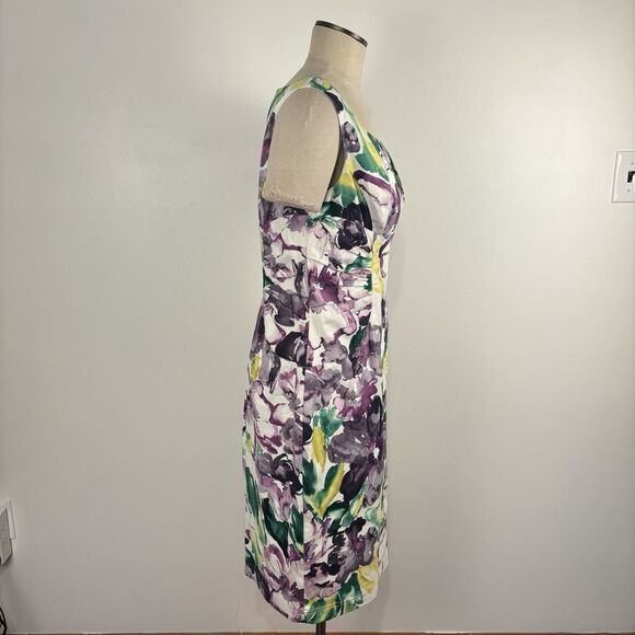 Adrianna Papell Womens 12 Purple Yellow White Floral Print Dress Cotton Blend - Picture 6 of 7